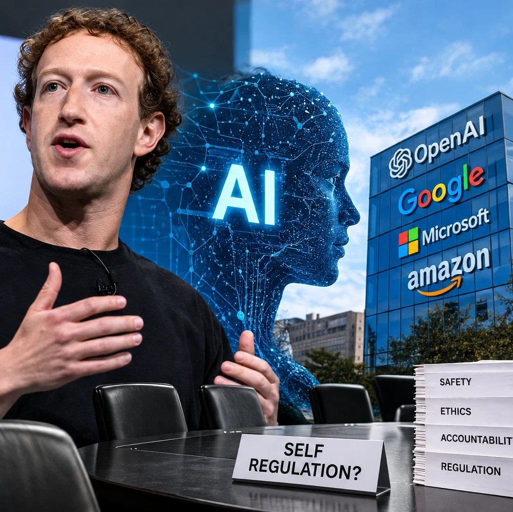 Collage of Mark Zuckerberg, company logos, regulatory documentation and a business desk.