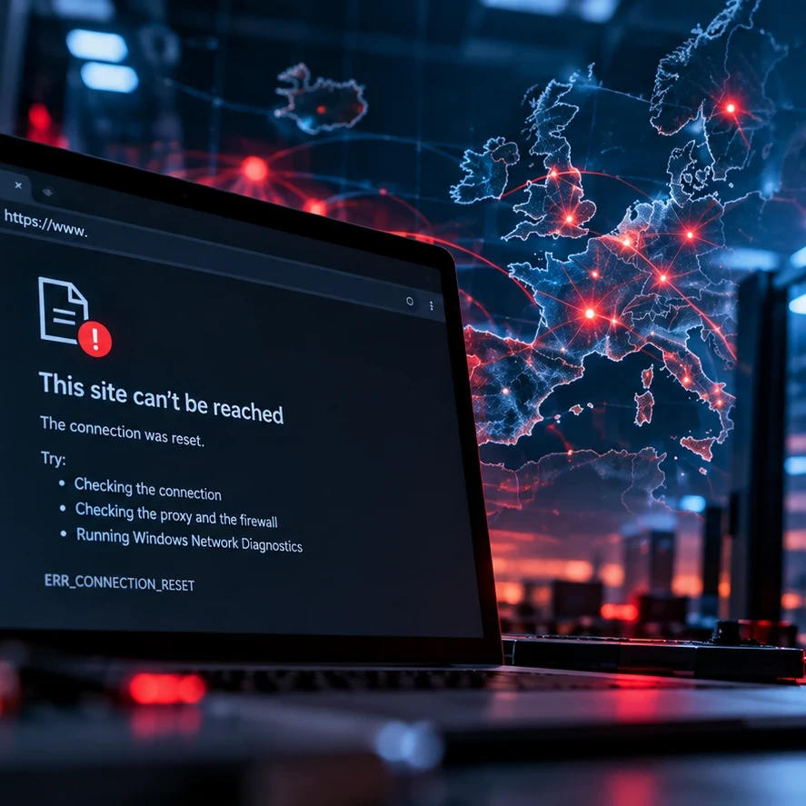 A red and blue cover image depicting a server under threat due to a security attack and a website offline due to the serve i.