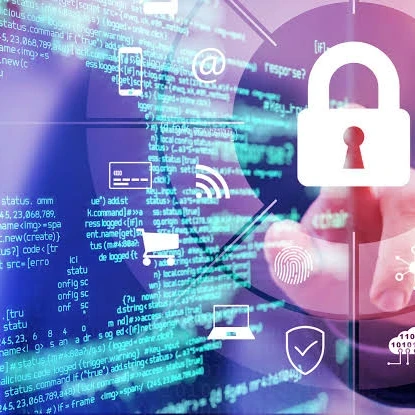 A hand pressing on a lock depiction with icons floating around it against a code background.