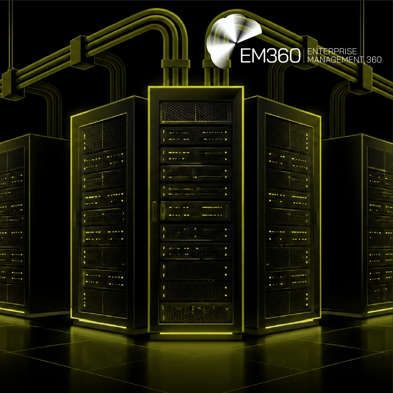 Black header graphic showing olive green illuminated data centre server racks and overhead power cables. White text reads “Why AI Data Centres Are Moving Towards 800 VDC”, with the subtitle about rising AI rack density and the EM360 logo in the top right.