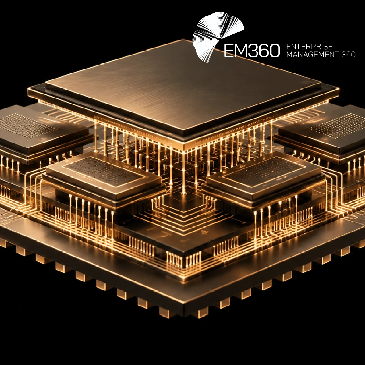 EM360Tech header graphic with a black background and a glowing beige-gold illustration of layered semiconductor chips connected by fine circuitry. White EM360 logo at the top right. Large white headline reads “Advanced Chip Packaging Is Changing AI Hardware”, with the subtitle “We explain how advanced chip packaging connects AI processors and memory, and why manufacturing limits affect supply.”