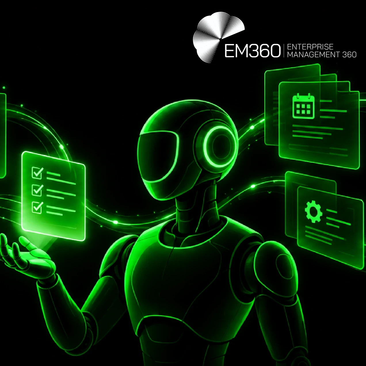 EM360Tech header graphic with a black background and neon green illustration of a humanoid AI robot surrounded by floating digital records, checklists, calendar and settings icons, and a deletion symbol. White EM360 logo at the top right. Large white heading reads “AI Agent Memory and How to Manage It”, with the subtitle “We explain how AI agent memory works, why information can be lost or retained, and how enterprises can manage it.”