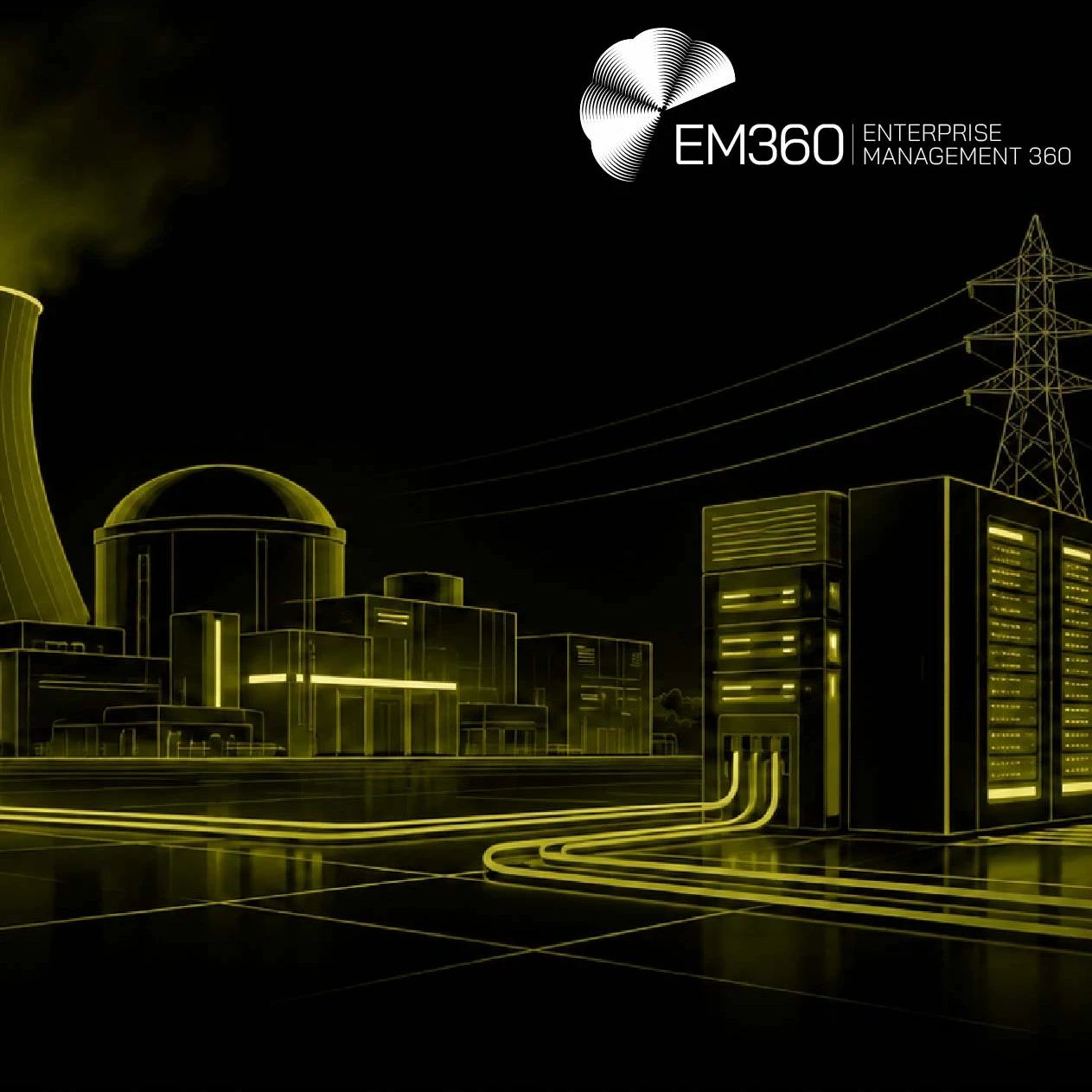 EM360Tech article header with a black background, a glowing olive-gold digital globe surrounded by interconnected lines and nodes, and four human figures holding laptops on raised circular platforms. The white EM360 logo appears at the top right. Large white text reads “Enterprise Technology Strategy Beyond Ownership”, with the subtitle “We look at how enterprises can shape shared technology through participation, not just ownership.”