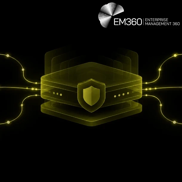 Black header graphic with an olive-green (#767409) illustration of a central AI gateway with a shield, connected by glowing lines to enterprise, computer, user, AI and cloud icons. The white EM360 logo sits at the top right. Large white text reads “Enterprise AI Gateway Controls That Matter”, with the subtitle “We look at what enterprise AI gateways should control, where those controls can fail and what businesses need to test.” Both appear over a semi-transparent black panel.