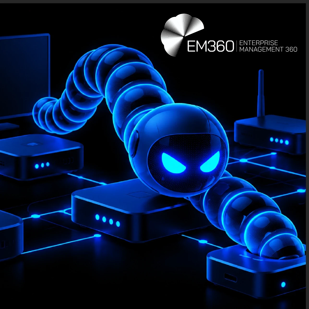 EM360Tech header graphic on a black background, featuring a glowing blue robotic worm crawling across interconnected smart devices and network equipment. White EM360 logo in the top right. Large white headline reads “AI Worms and Anthropic’s Replication Warning”, with the subtitle “We look at Anthropic’s self-replicating AI research, what it proves and what AI worms could mean for cybersecurity.”