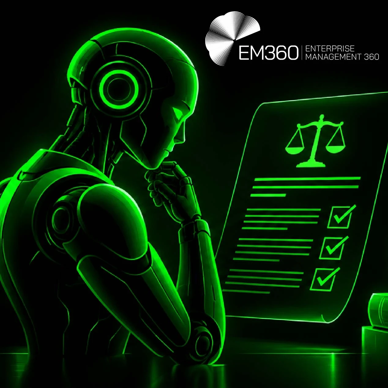 EM360Tech article header graphic with a black background, featuring a glowing neon-green humanoid robot studying a digital compliance checklist with scales of justice and ticked boxes. Large white text reads “Can You Trust AI Compliance Decisions?” with the subtitle “We look at why accurate AI compliance decisions aren't always reliable and how enterprises can test whether AI actually follows the rules.” The white EM360 logo appears in the upper right corner.