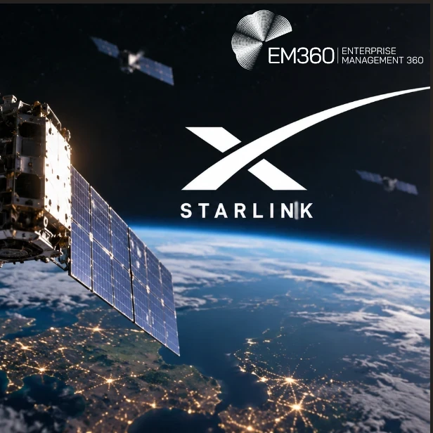 EM360Tech article header showing a large satellite with blue solar panels above Earth's curved horizon, with smaller satellites against a dark, starry sky. The white Starlink logo appears centrally, with the EM360 logo in the upper right. Large white text reads “EM360TECH Starlink Restrictions Put SpaceX Rivals on Alert” over a semi-transparent black panel across the lower half.