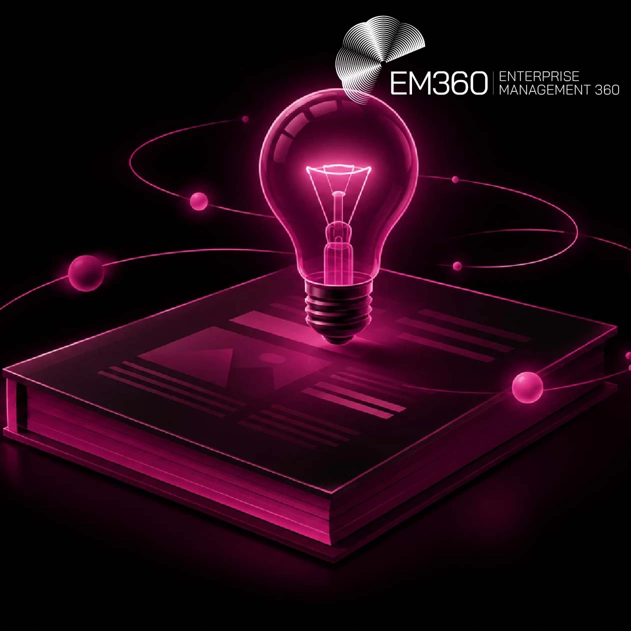 EM360Tech header graphic with the white title “Why Some B2B Thought Leadership Keeps Creating Value After the Campaign Ends” over a glowing deep magenta light bulb floating above a closed report. Thin magenta orbital lines and glowing spheres surround the illustration against a black background, with the white EM360 logo in the top-right corner.