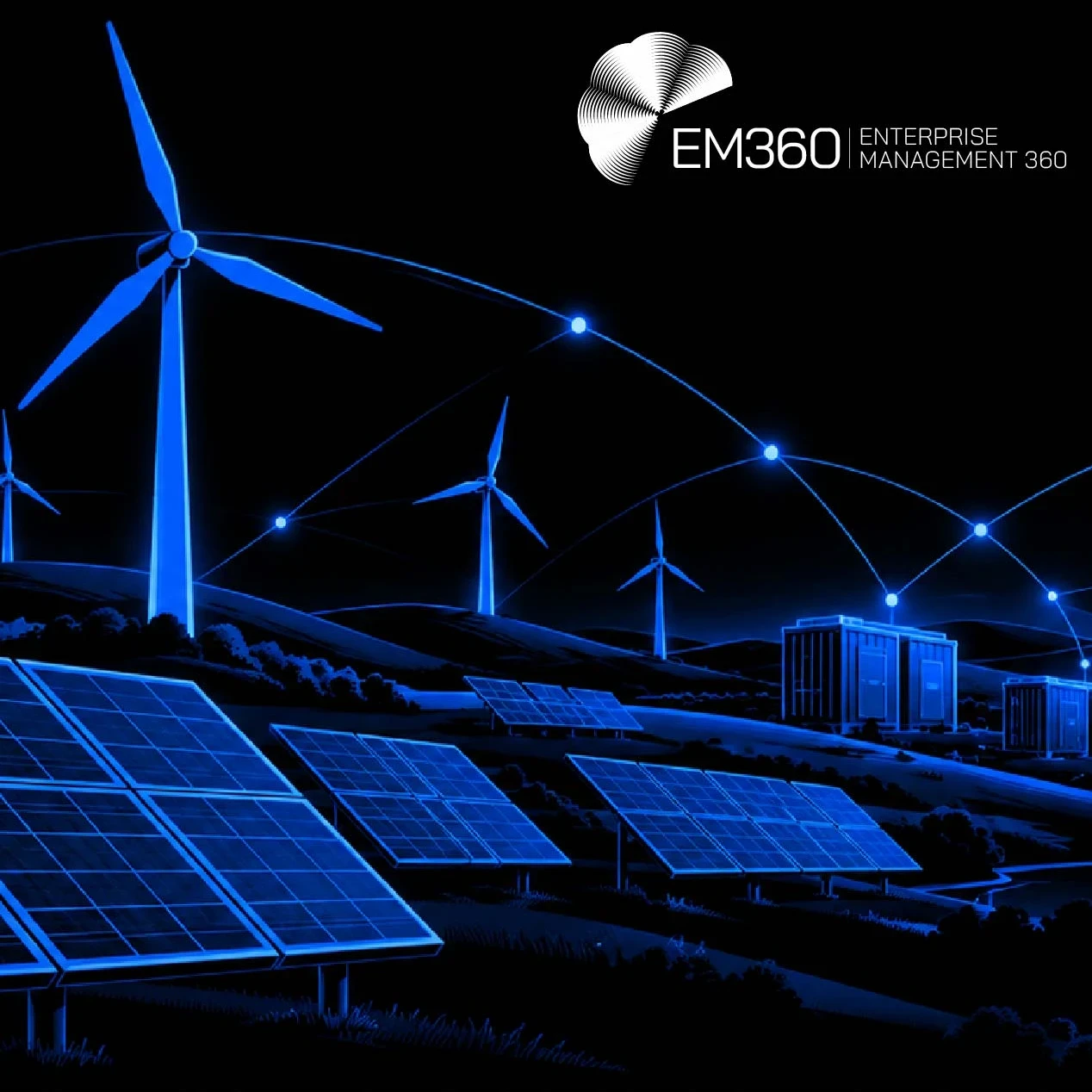 EM360Tech header graphic with a black background and electric-blue wind turbines, solar panels, electricity infrastructure and glowing network connections. Large white headline reads “Europe’s Distributed Energy Grid Cybersecurity Risks”, with a stray “W” beneath it. Below, the subtitle reads “We look at what AI data centre power agreements actually provide and what this means for infrastructure planning.” The white EM360 Enterprise Management 360 logo appears in the top right.