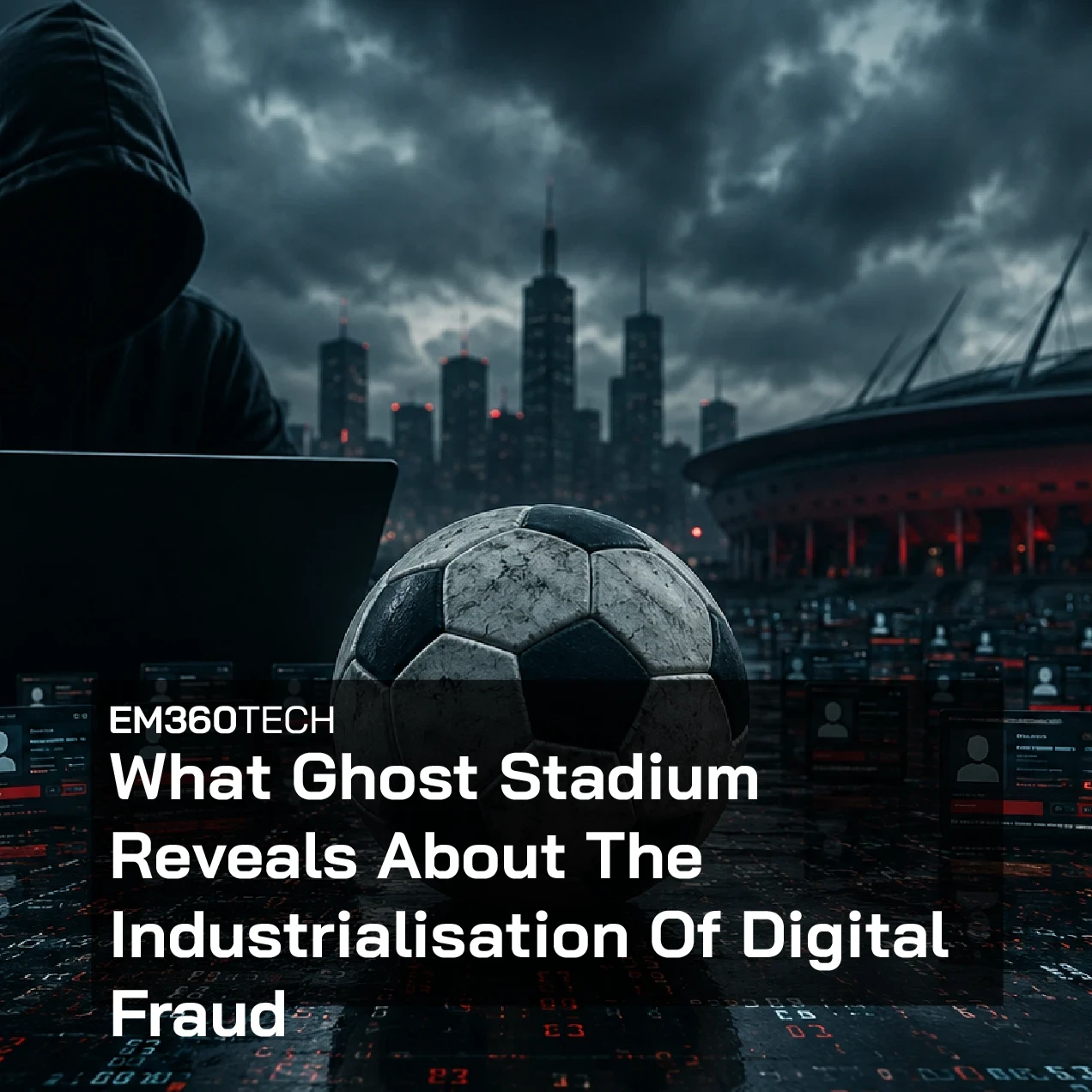 A dark cybercrime-themed illustration showing a hooded figure using a laptop beside a large football in the foreground. Digital profile screens and red data streams cover the ground, while a brightly lit stadium and city skyline sit beneath storm clouds in the background. An EM360Tech headline overlay reads: "What Ghost Stadium Reveals About The Industrialisation Of Digital Fraud."