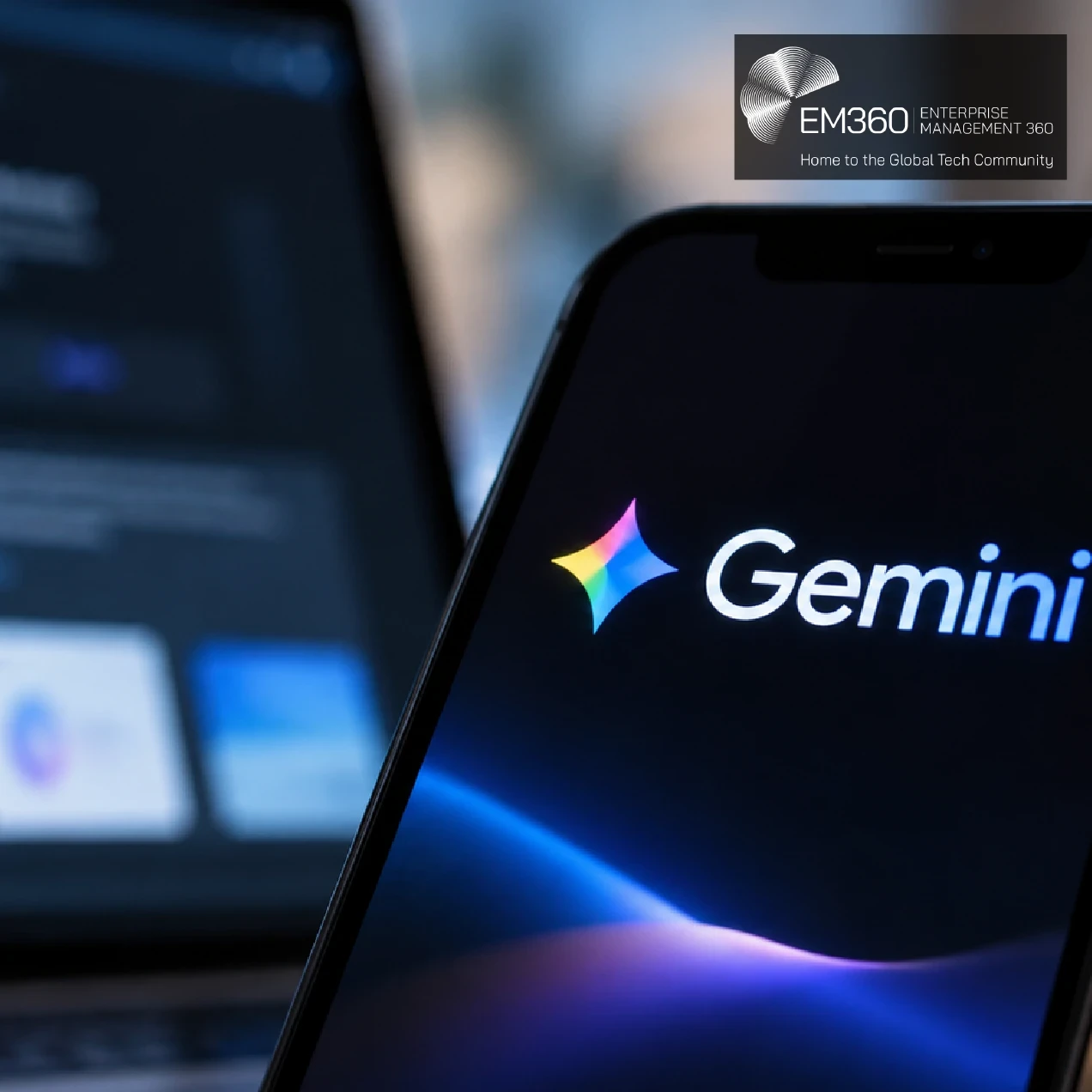 Close-up of a smartphone displaying the colourful Google Gemini logo against a dark blue blurred laptop background, overlaid with the white EM360Tech headline, “Google Unveils Gemini 4 Argon, But You Can’t Use It Yet,” on a translucent black panel.