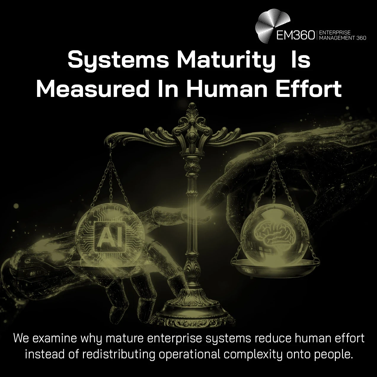 EM360 article header titled “Systems Maturity Is Measured In Human Effort.” Against a black background, a stylised balance scale is held between two digital hands. One side contains an AI chip symbol and the other a human brain, representing the relationship between automation and human effort. Text reads: “We examine why mature enterprise systems reduce human effort instead of redistributing operational complexity onto people.” EM360 Enterprise Management 360 branding appears at the top right.