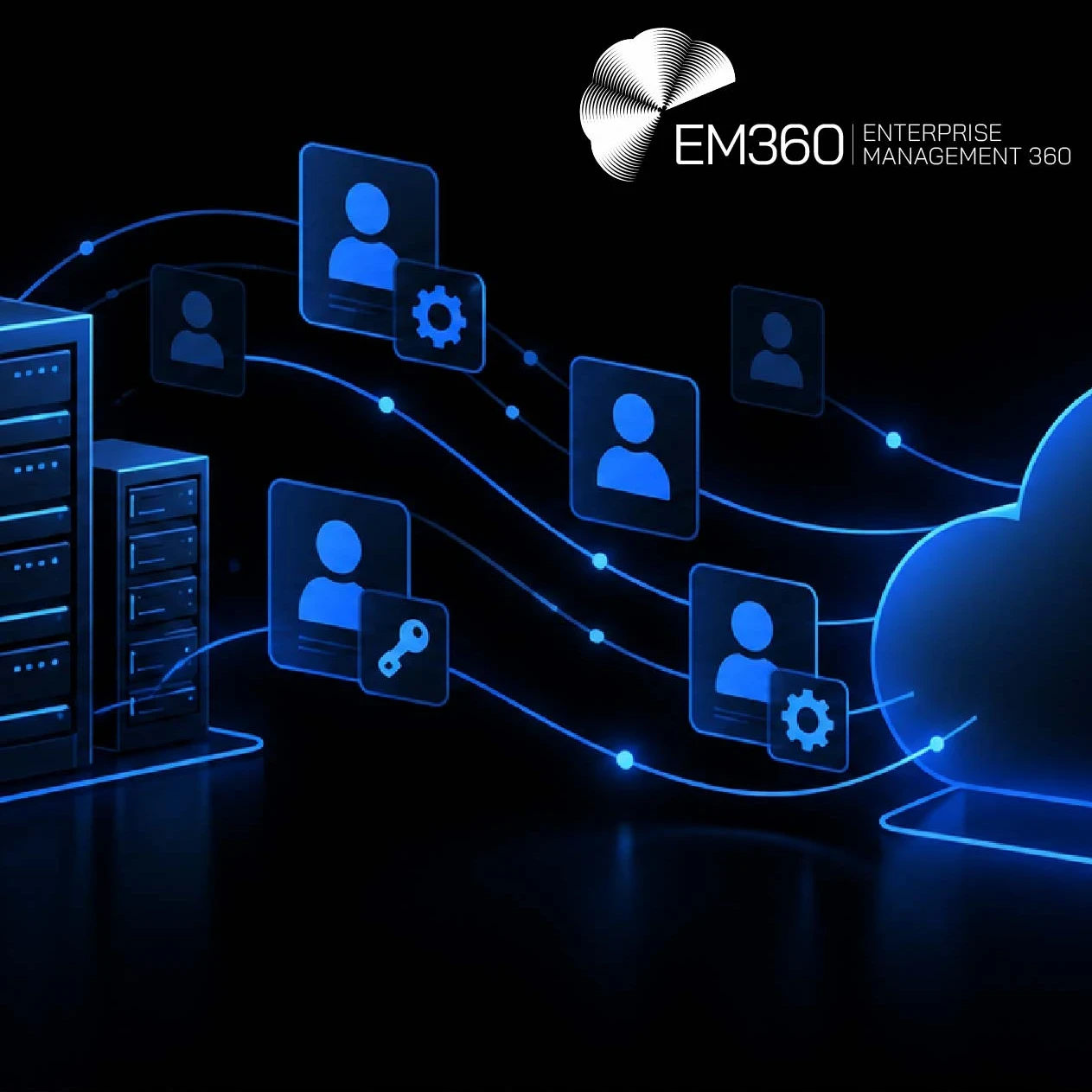 EM360Tech header graphic with a black background, showing blue server racks connected to a cloud by glowing lines and digital identity icons. The white EM360 logo appears at the top right, above the title “Hidden Identity Risks in IT Modernisation” and the subtitle “We look at how outdated permissions, overlooked accounts and legacy authentication can carry security risks into modern IT environments.”