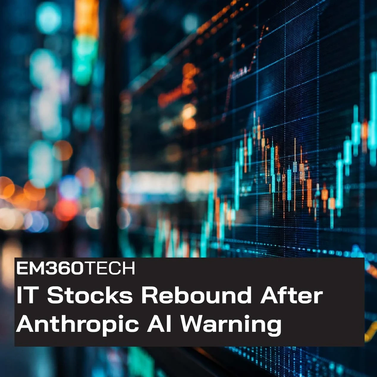 An EM360Tech news graphic showing a close-up financial market display with blue and orange candlestick charts against a blurred city backdrop. Bold text reads “IT Stocks Rebound After Anthropic AI Warning.”
