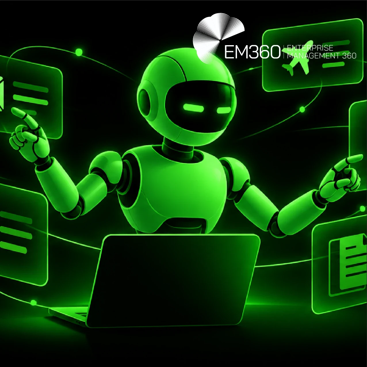 Black header graphic with a bright green AI robot using a laptop, surrounded by floating email, shopping, travel, calendar and document icons. White text reads “What Is Muse AI? How Meta’s New Agent Works” with the subtitle “We look at how Muse AI works, what its early problems reveal and what its growing autonomy means for enterprises.” The EM360Tech logo appears at the top right.