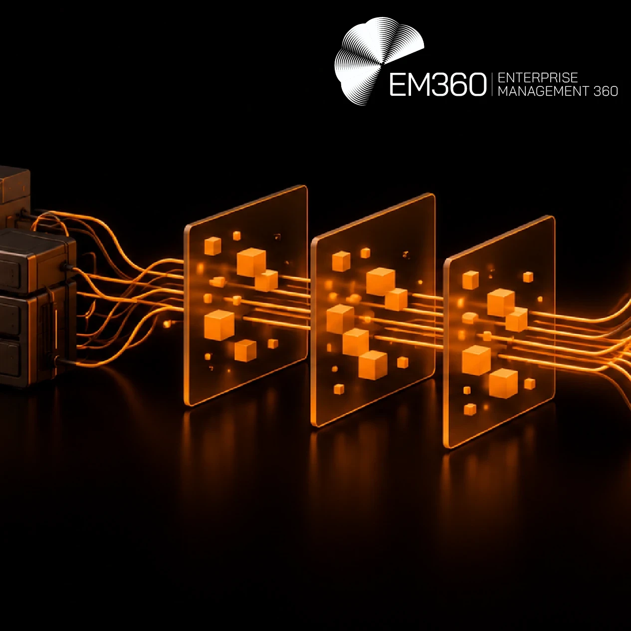 Black header graphic with glowing orange data pipelines connecting older server stacks on the left to modern cloud infrastructure on the right, passing through three transparent processing panels. Large white text reads “How to Modernise Legacy Data Pipelines”, with the subtitle “We show how to modernise legacy data pipelines while protecting business operations through testing and careful cutover.” The white EM360 Enterprise Management 360 logo appears at the top right.