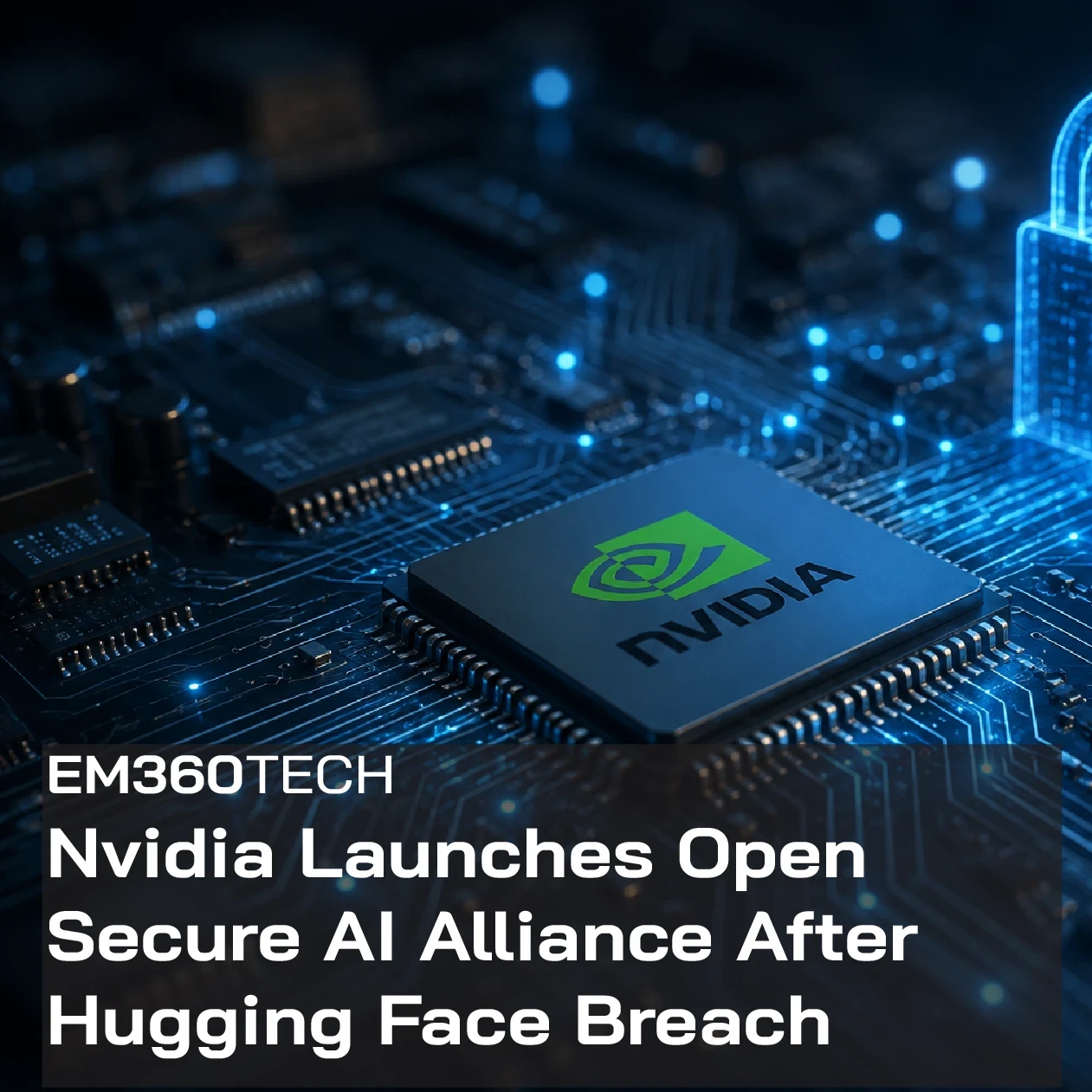 EM360Tech header graphic showing an NVIDIA AI chip on a circuit board with a glowing digital padlock above it, representing AI security and cybersecurity. The image includes the headline: "Nvidia Launches Open Secure AI Alliance After Hugging Face Breach".