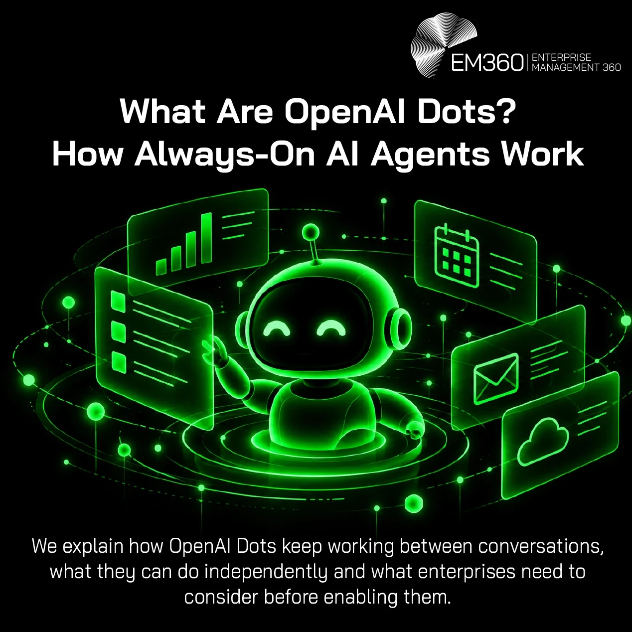 EM360 header graphic titled “What Are OpenAI Dots? How Always-On AI Agents Work”, with the subtitle “We explain how OpenAI Dots keep working between conversations, what they can do independently and what enterprises need to consider before enabling them.” A glowing green AI agent is surrounded by connected task, analytics, calendar, email and cloud interfaces.