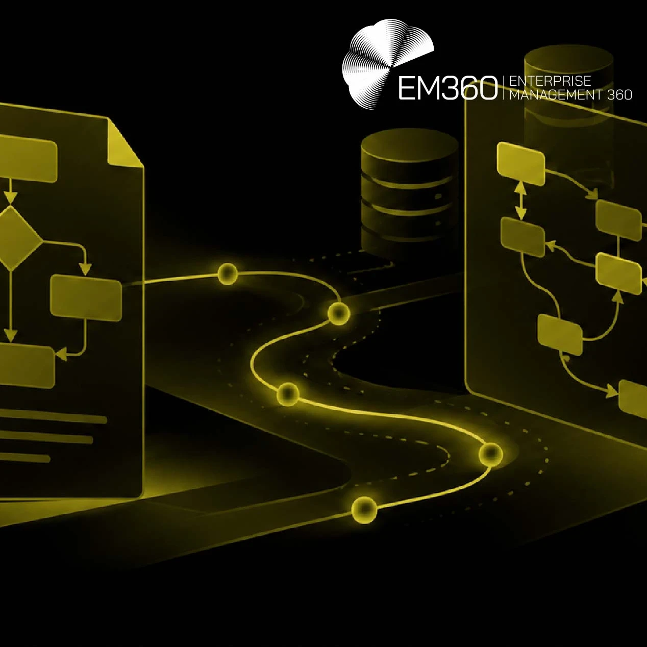 EM360Tech header graphic on a black background with olive-yellow illustrations of connected workflow documents, branching process paths, databases and digital dashboards. White EM360 logo at the top right. Large white headline reads “Process Mining vs Process Mapping Explained”, with a subtitle below: “We look at how process mining and process mapping reveal what really happens in enterprise workflows, where each falls short and how they work together.”