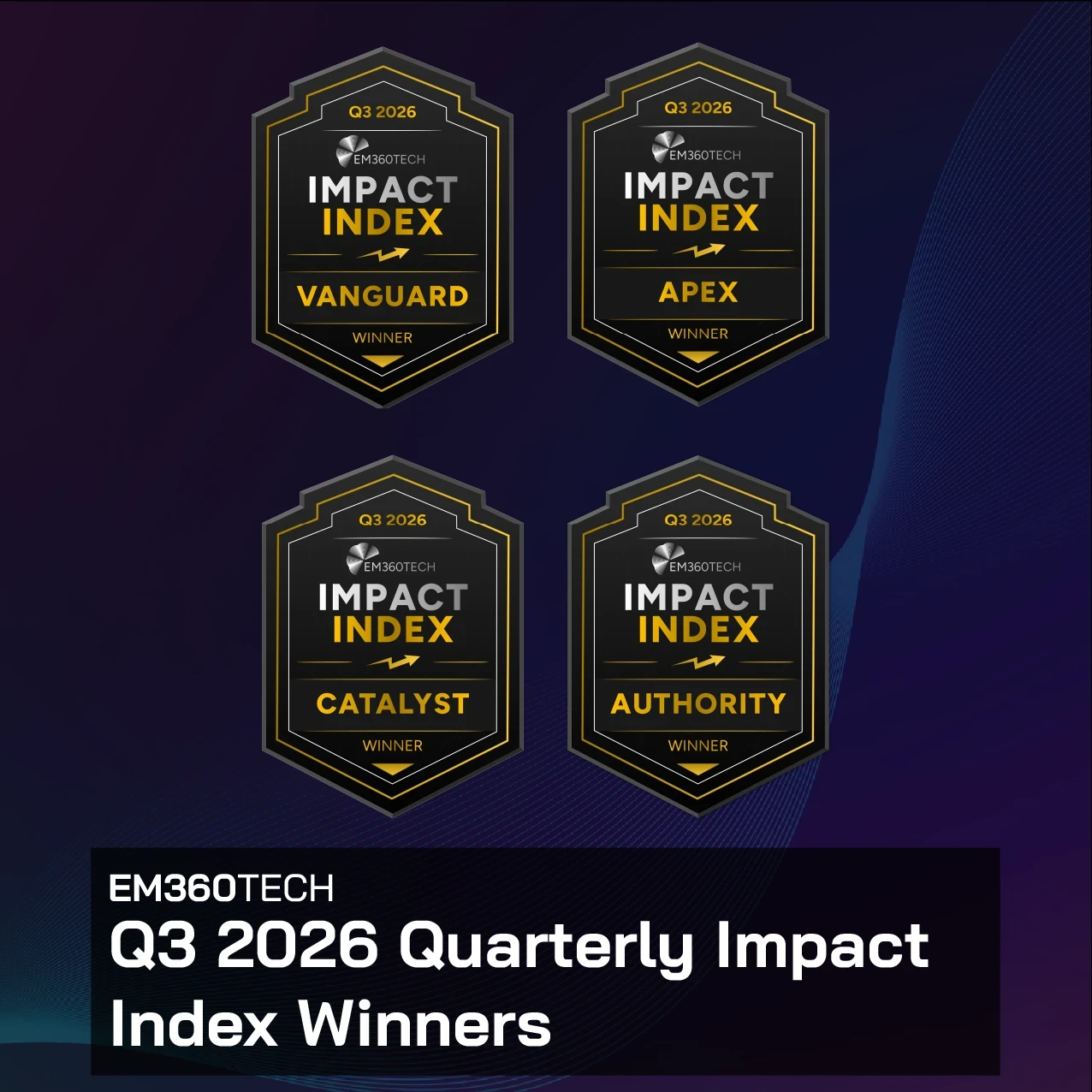 Dark purple and navy gradient background with fine blue curved lines. Four black, grey and gold EM360Tech Q3 2026 Impact Index Winner badges are arranged horizontally across the top, labelled Vanguard, Apex, Catalyst and Authority. Below them, large white text on a dark rectangular panel reads “EM360TECH Q3 2026 Quarterly Impact Index Winners”.