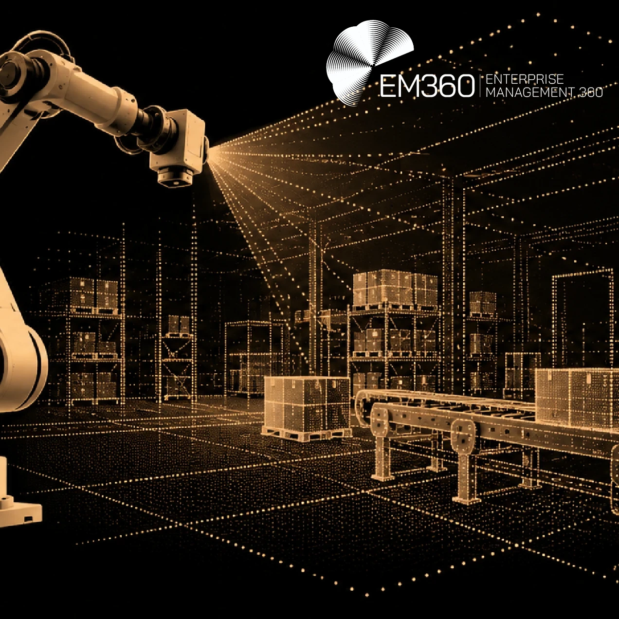 EM360Tech header graphic with a black background and beige-gold (#D3A877) illustration of an industrial robotic arm scanning a warehouse filled with wireframe shelving, boxes and conveyors. Glowing dots and lines form a 3D spatial map. White EM360Tech logo at the top right. Large white headline reads “Who Owns Industrial Robot Spatial Data?” with the subtitle “We look at who controls spatial data collected by industrial robots, from sensor readings to 3D maps and reuse rights.”