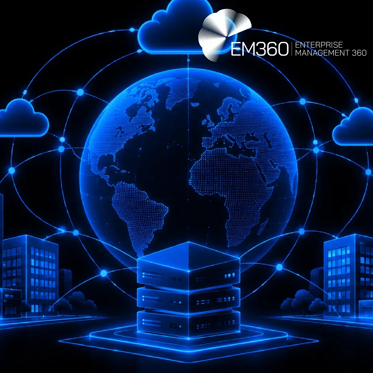 EM360Tech header graphic with a black background and glowing electric-blue globe, cloud icons, interconnected network lines, office buildings and central server stack. Large white text reads “When Does Shared Tech Become Your Responsibility?” Below, smaller white text reads “We look at when enterprises should help secure shared technology and where their responsibility ends.” White EM360 logo in the top-right corner.
