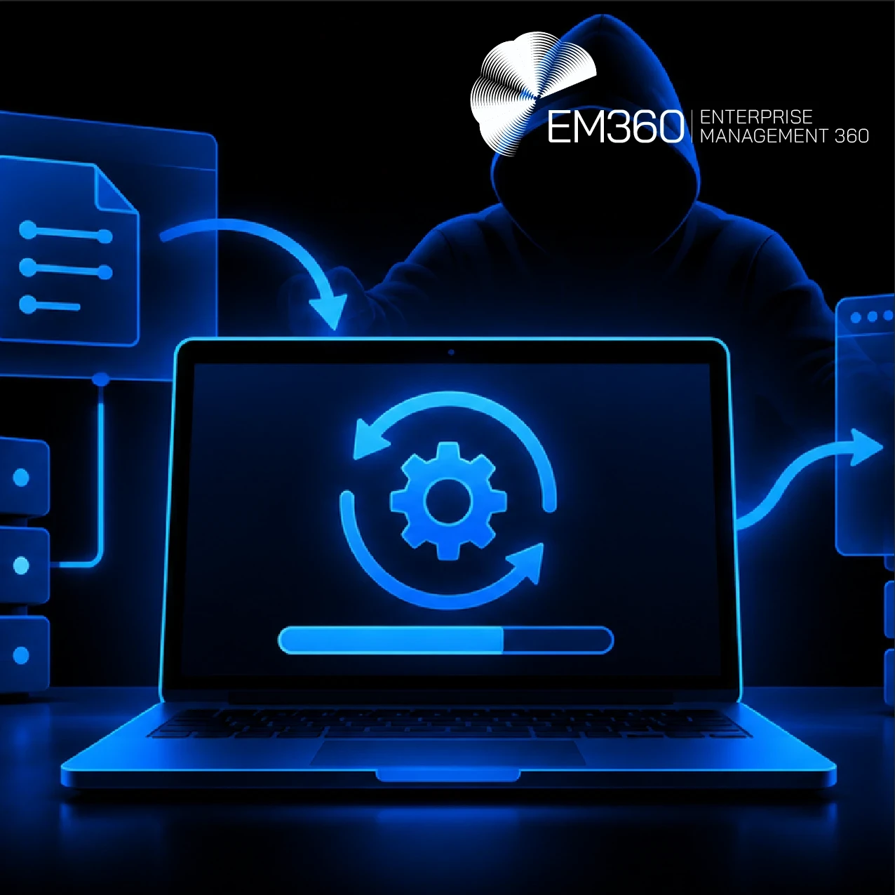 EM360Tech header graphic with a black background and electric-blue illustration of a hooded figure behind a laptop displaying software update arrows, a gear and progress bar, surrounded by connected servers and download icons. Large white text reads “The Hidden Risk in Software Updates”, with the subtitle “We look at how attackers can manipulate software update instructions and why clean servers can't prove past safety.” The white EM360 Enterprise Management 360 logo appears in the upper right.