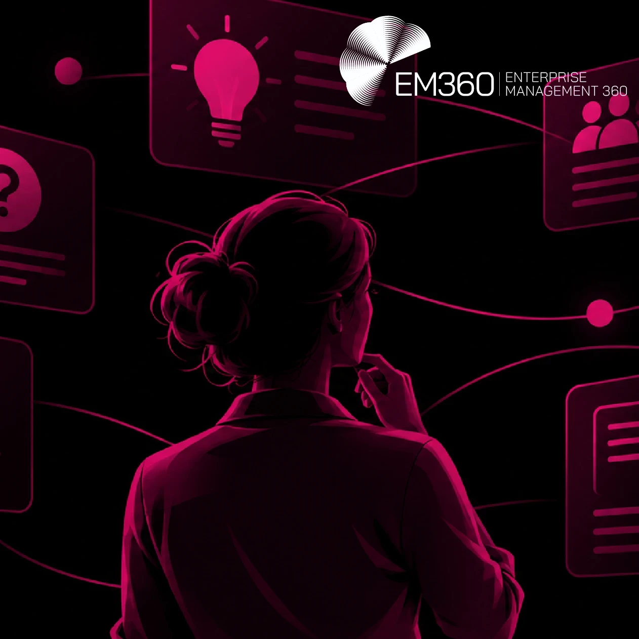 EM360Tech article header graphic featuring a person surrounded by glowing magenta icons representing customer questions, insights and B2B content, with the title “How Customer Pain Points Improve B2B Content” in white text on a black background.