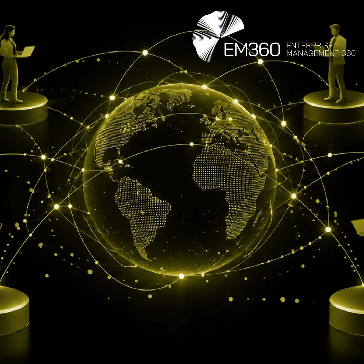 EM360Tech header graphic on a black background, featuring an olive-green digital globe surrounded by glowing interconnected lines and six figures using laptops on circular platforms. The white EM360Tech logo appears in the upper right. Large white text reads “Enterprise Technology Strategy Beyond Ownership”, with the subtitle “We look at how enterprises can shape shared technology through participation, not just ownership.”
