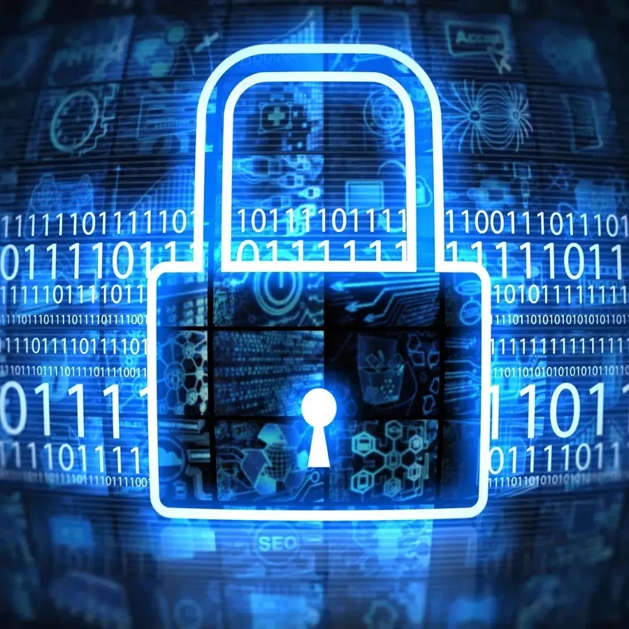 An animated lock in vibrant blue in front of a binary code background.