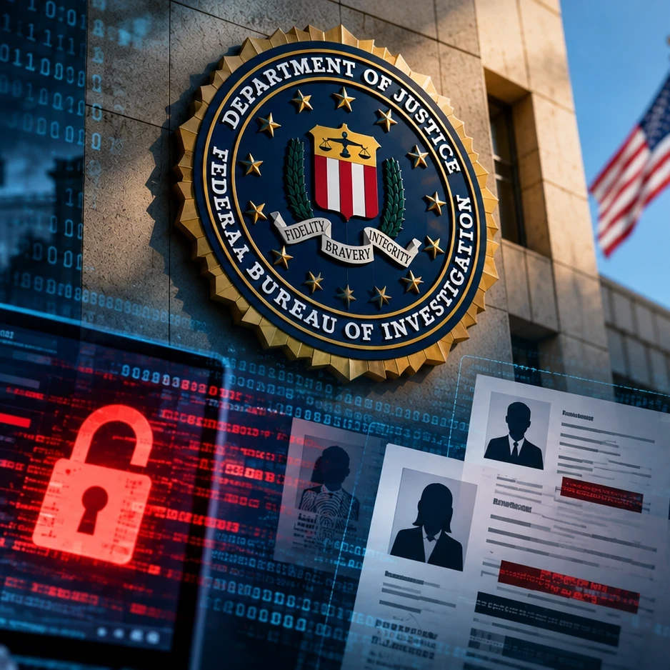 A hacker sitting in front of a screen with the FBI logo in the background.