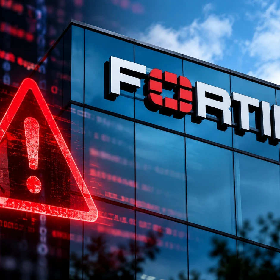 Fortinet logo on the side of a building alongside a bright red warning sign and online mail envelope.