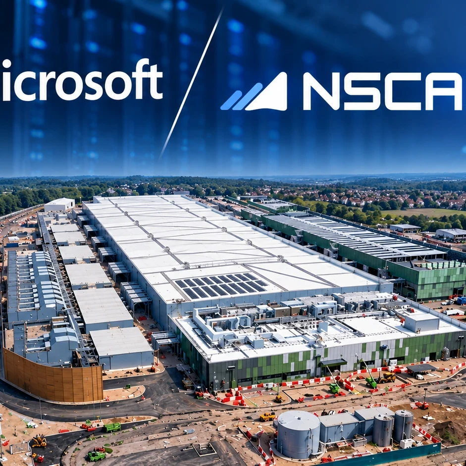 A data centre construction site, a map of the UK, a Microsoft logo and Nscale logo representing withdrawal from an agreement.