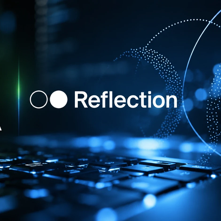 The Nvidia and Reflection AI logos on a blue and green background with a keyboard.