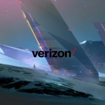 Verizon logo on a colourful background that looks like glass structures.