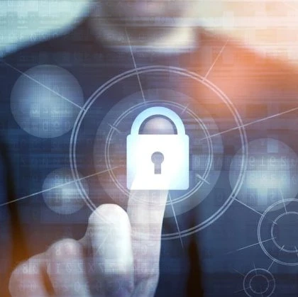 Man in a suit presses on an animated lock.