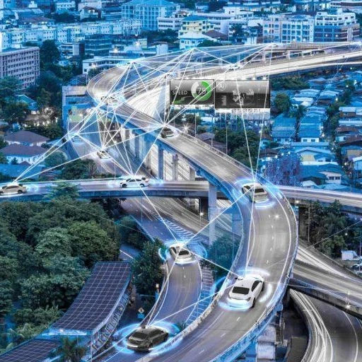Interconnected smart cars connecting wirelessly on a highway.