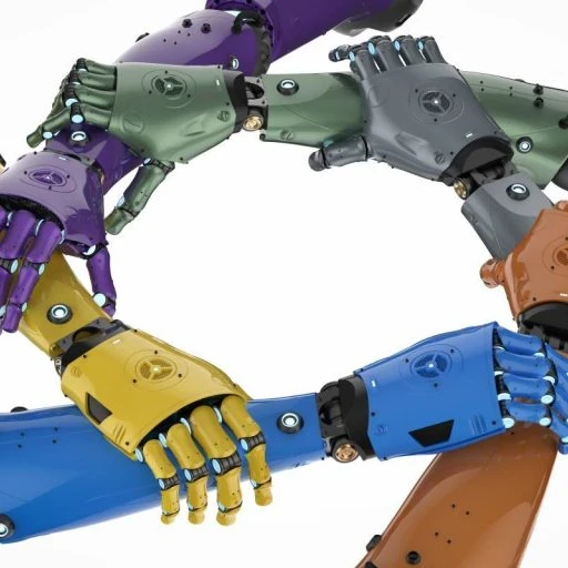 Colourful robotic arms interlinking together in a star shape.
