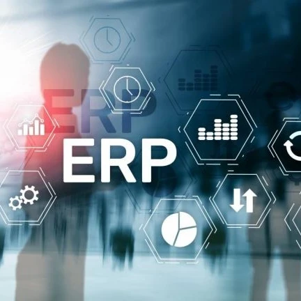 A silhouette against a blue background with "ERP" letters and multiple icons in white.