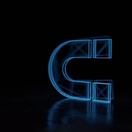 A neon blue illuminated magnet on a black background.