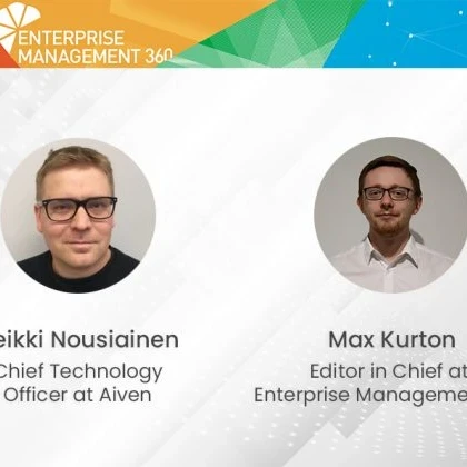 Podcast banner featuring Heikki Nousiainen and Max Kurton at EM360Tech