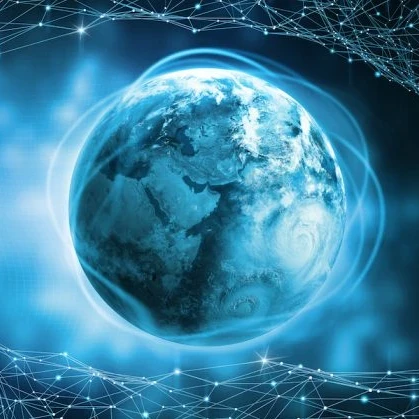 Graphic of the world in blue with a light blue aura around it 