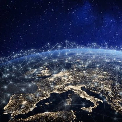 Image of the Earth covering Europe with cities and countries lit up at night, with various connecting lines showing how countries are connected