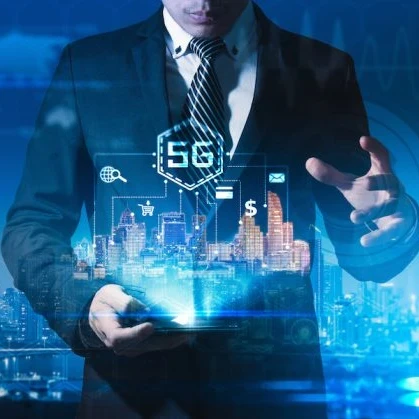 Hologram of London cityscape with 5G beamed in the sky