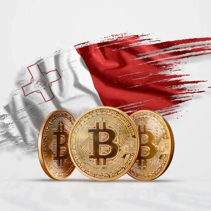Malta flag with three Bitcoin gold coins in front of the flag
