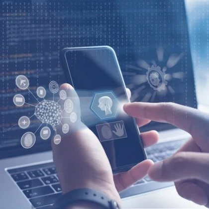 Person using a smartphone with various AI symbols