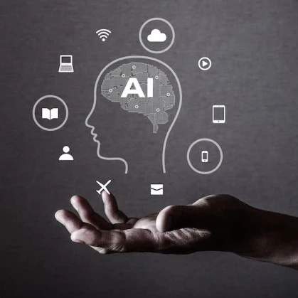 A hand with palm outstretched with a sketch of a head with a brain that reads AI, surrounded by digital symbols, including WiFi, tablets, email, laptops, showing skills required to use AI