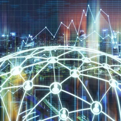 line drawing of the world with connecting lines across in front of a cityscape