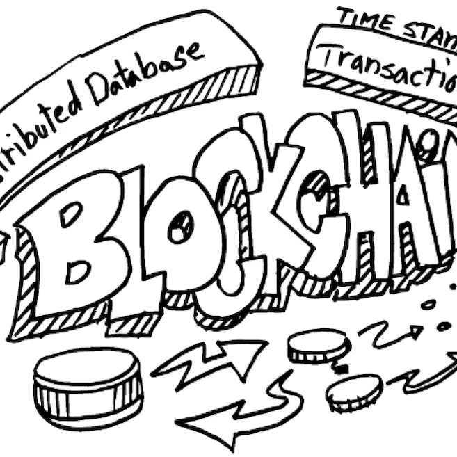 graphic with blockchain in graffiti style letting with distributed database pointing to the left and transactions pointing to the right