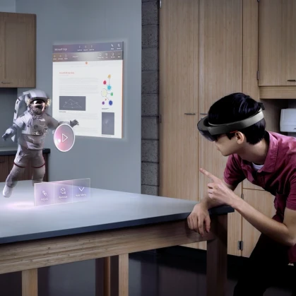 person wearing a VR headset with the virtual elements showing in real life